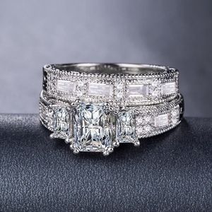 Cubic Zirconia Gemstone White Gold Plated Designer Wedding Band Ring Set